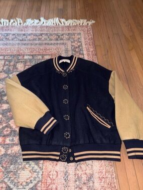 Free People Black and Tan Varsity Jacket with Star Snap Buttons size XS